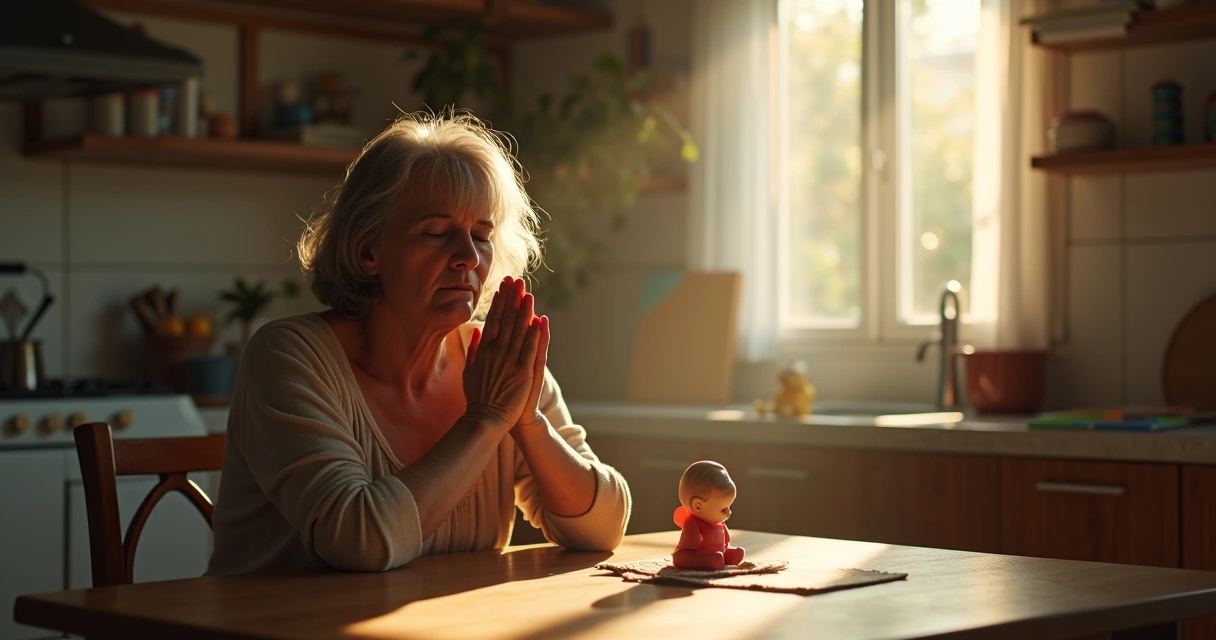 Mãe angustiada orando sozinha em um ambiente silencioso 