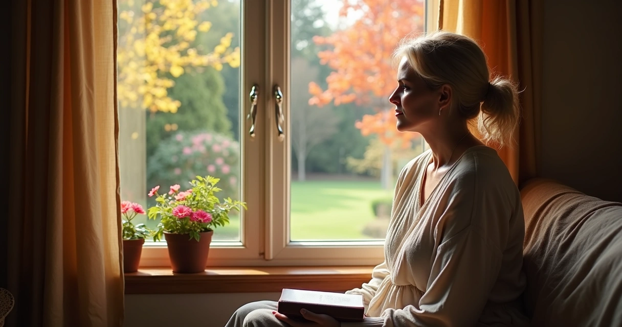 Mãe cristã olhando através da janela, refletindo sobre as estações da vida 