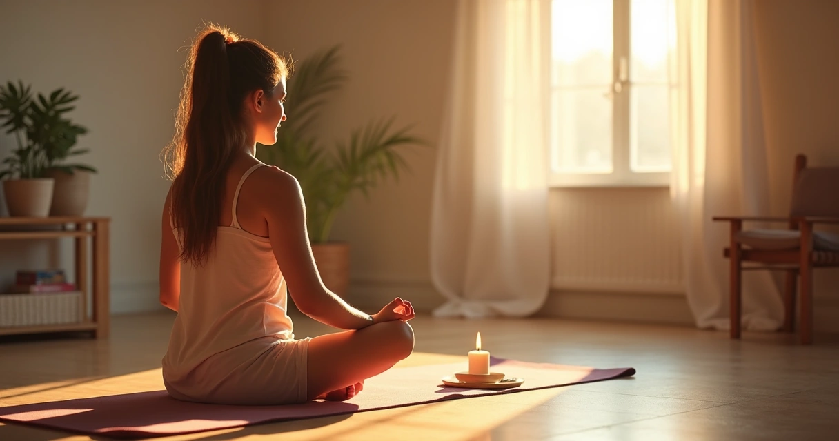 Mulher sentada no tapete de yoga meditando em um ambiente iluminado pela luz da manhã 