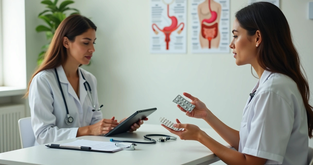 Mulher segurando cartela de anticoncepcional enquanto conversa com médico sobre uso de Manjaro 