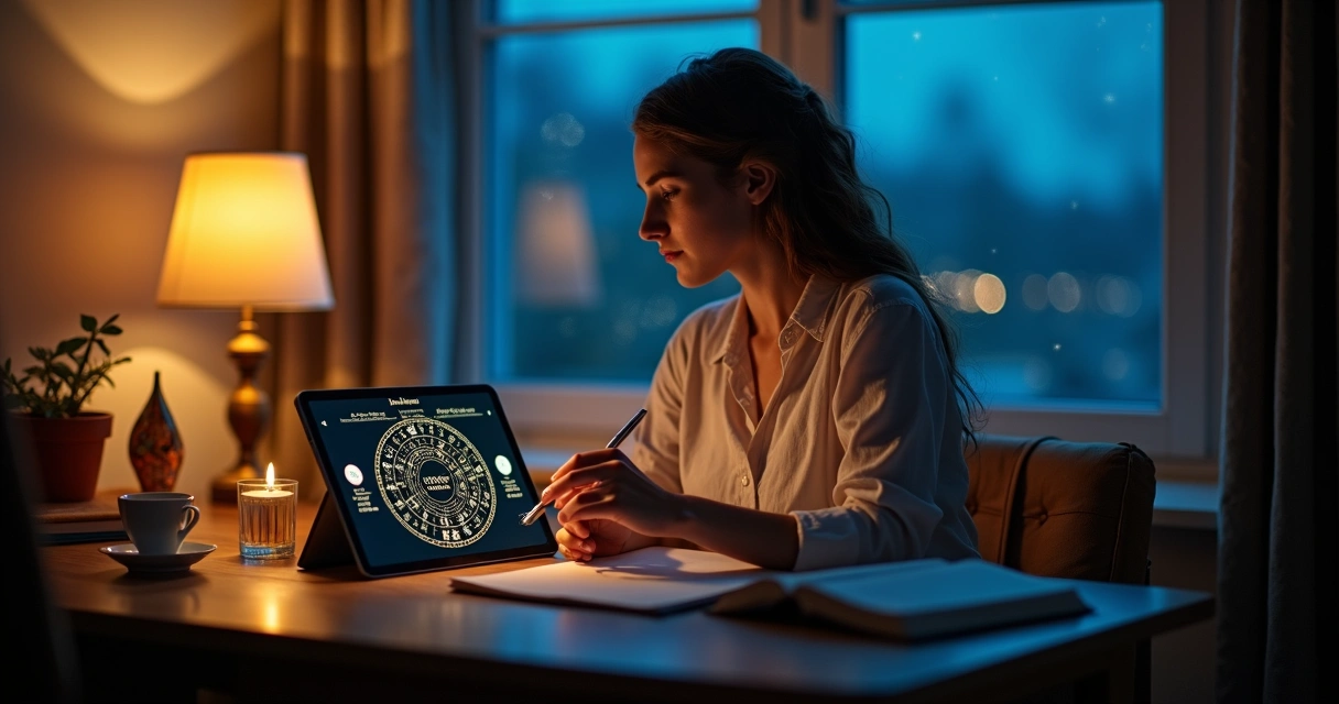 Mulher observando mapa astral iluminado com foco no ascendente 