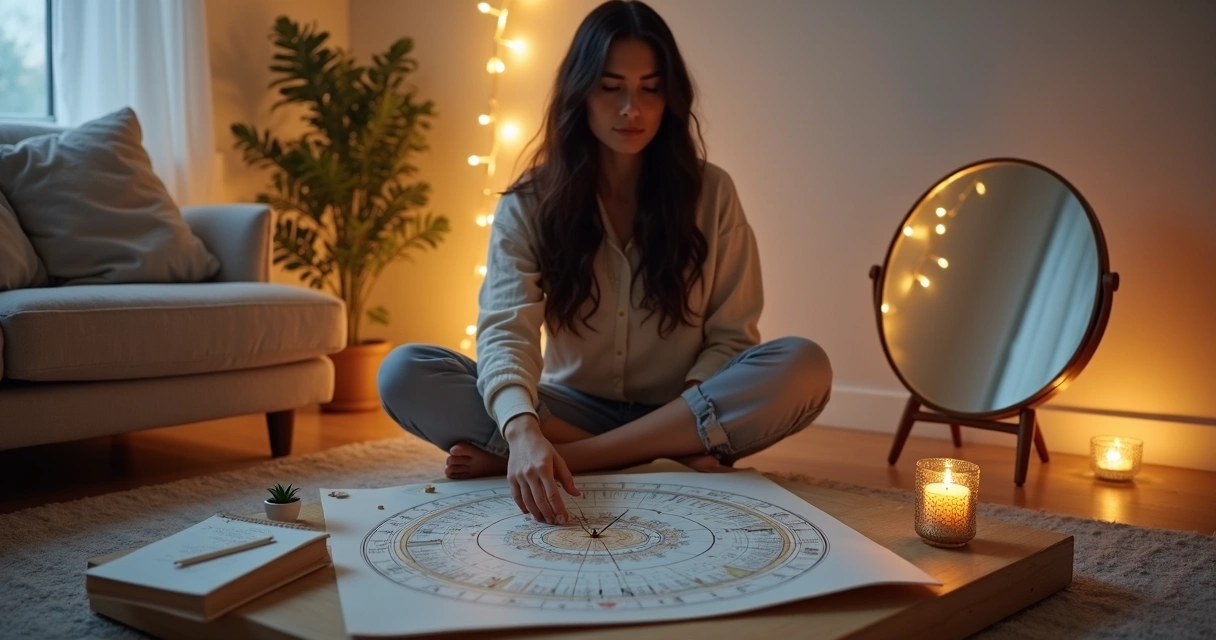 Mulher jovem sentada olhando mapa astral diante de espelho redondo iluminado 