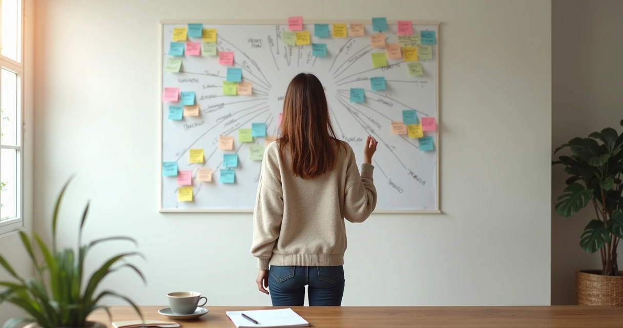 Mulher contemplando mural com mapa mental sistêmico colorido 
