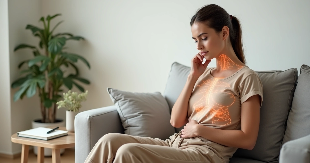 Mulher sentada em posição confortável tocando pontos de tensão no próprio corpo 