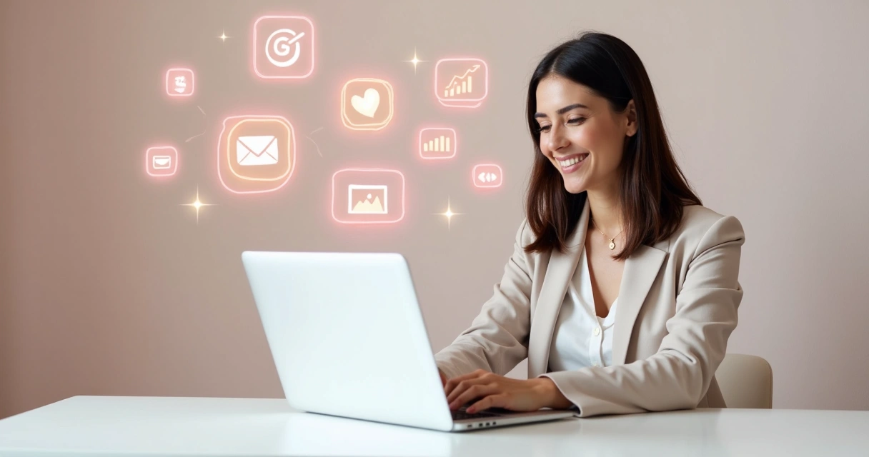 Mulher trabalhando em notebook com elementos digitais ao redor 