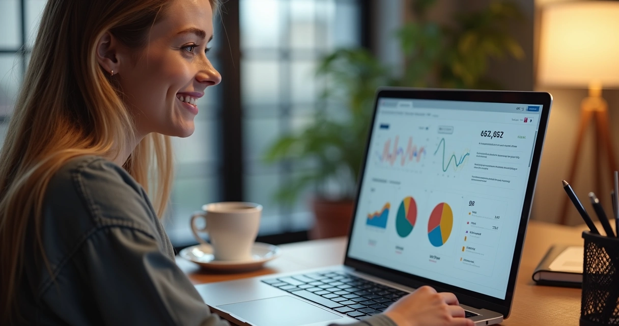 Mulher sorrindo enquanto observa painel de vendas e gráficos em notebook 
