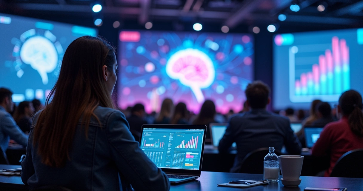 Profissional de marketing observa painel com dados digitais em conferência de IA 