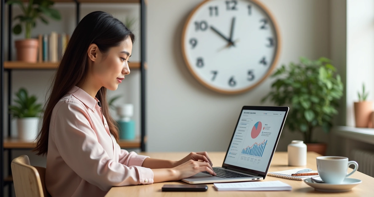 Mulher trabalhando marketing de conteúdo no laptop com relógio ao fundo 