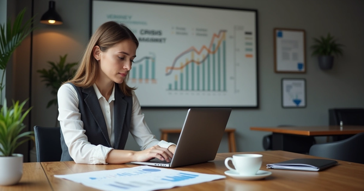 Mulher sentada em mesa com notebook, gráficos de vendas e xícara de café. 