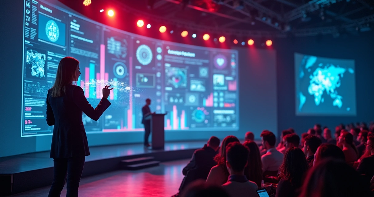 Profissional de marketing em conferência guiando painel holográfico de redes sociais e IA 