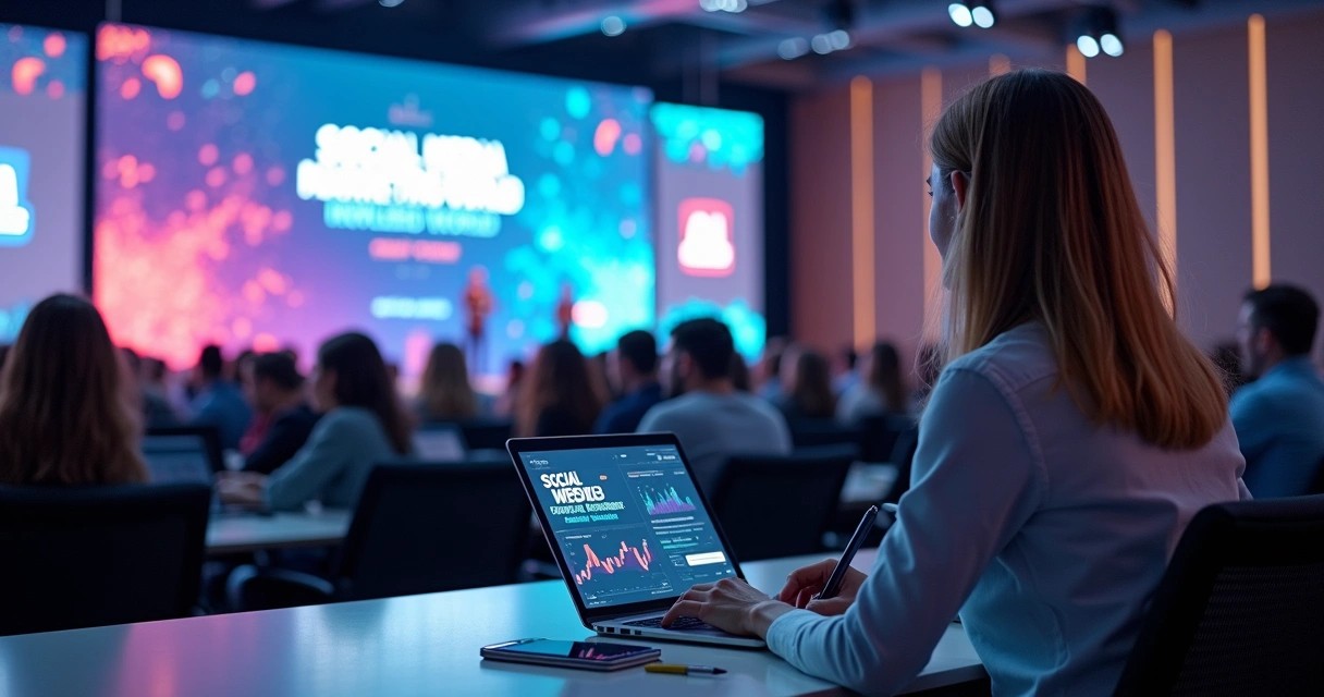 Mulher profissional em conferência de marketing digital com painel de IA ao fundo 