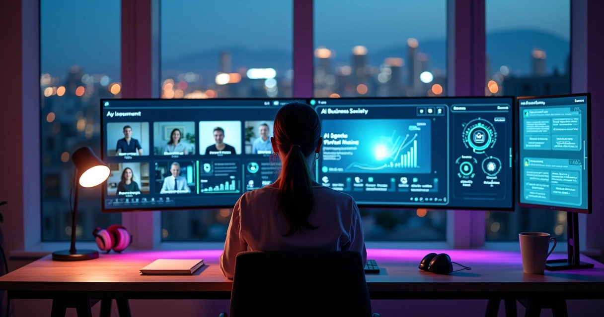 Profissional de marketing acompanha conferência virtual com painéis de IA ao fundo 