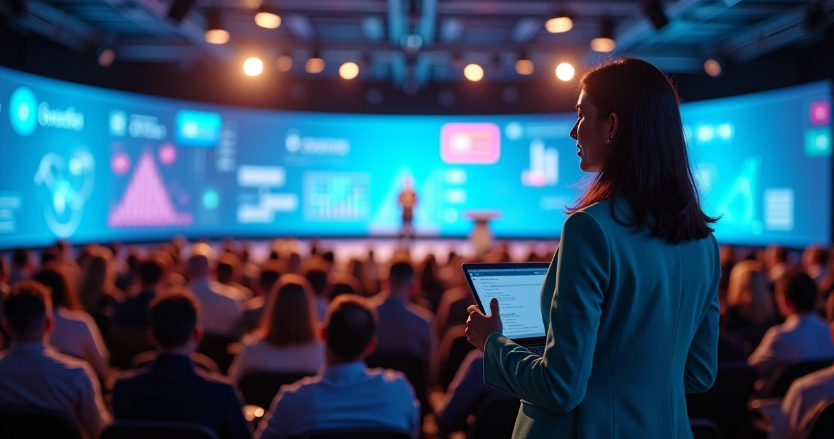 Profissional de marketing em pé diante de grande tela de dados de IA e redes sociais em conferência 