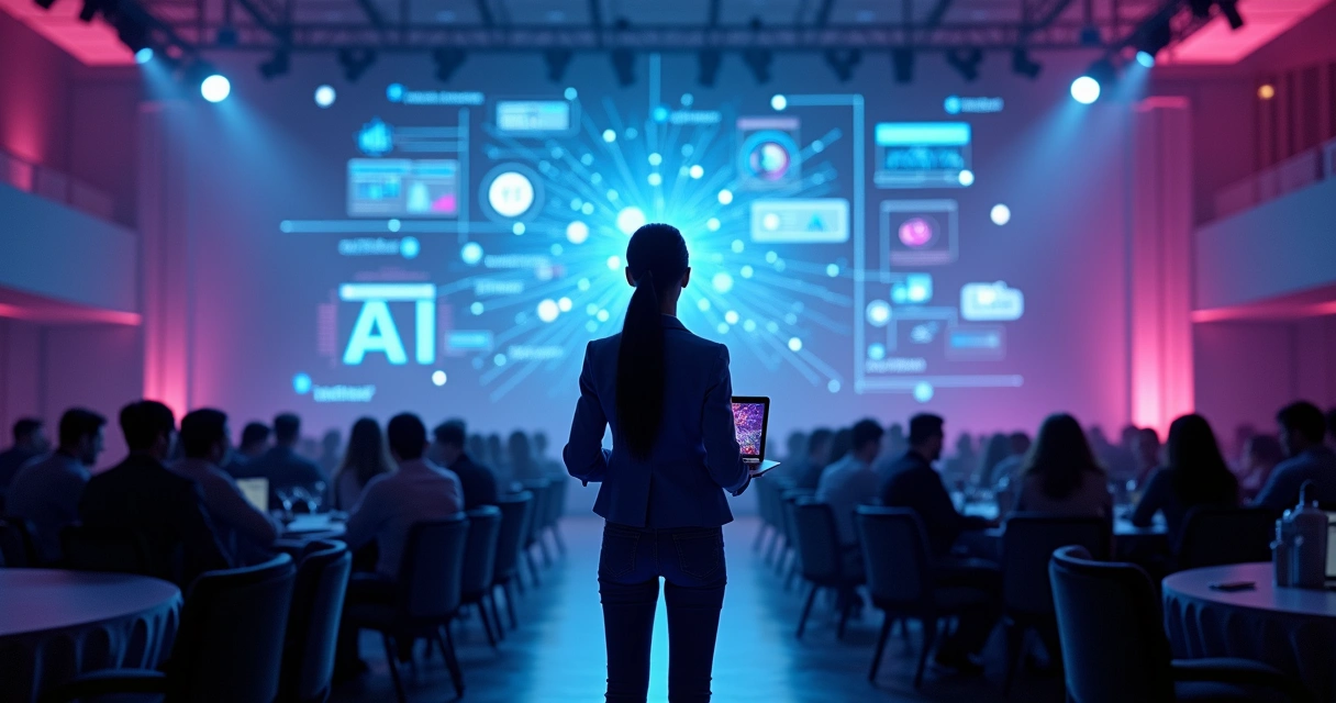 Profissional de marketing observa painel gigante com ícones de inteligência artificial e dados 