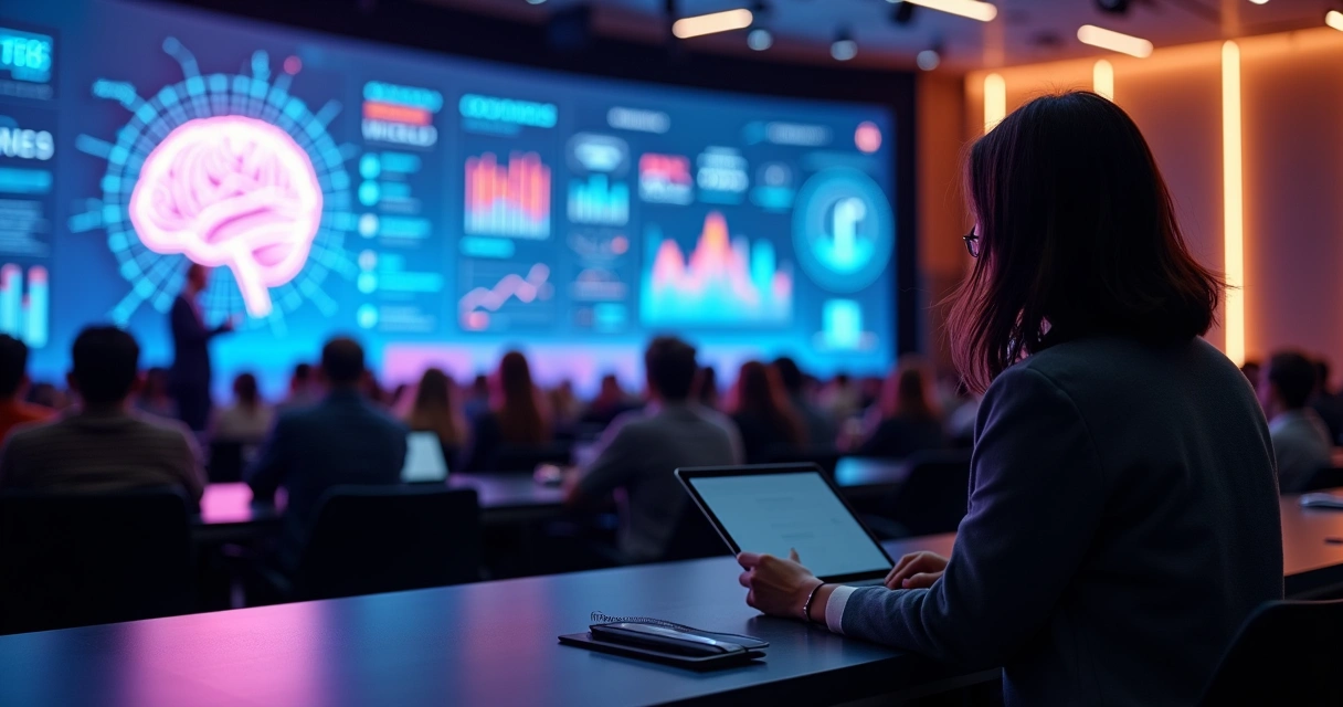 Profissional de marketing observa telão com gráficos de IA e conexões digitais em grande auditório 