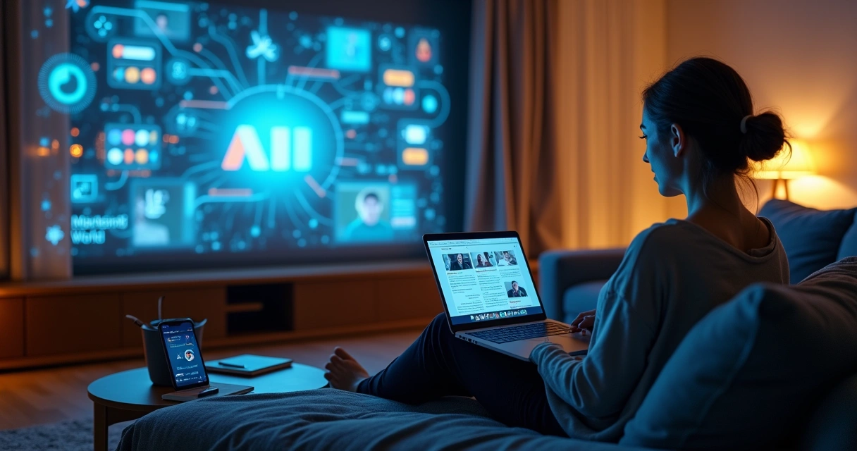 Mulher assiste conferência online em sala com projeções de IA e redes sociais 