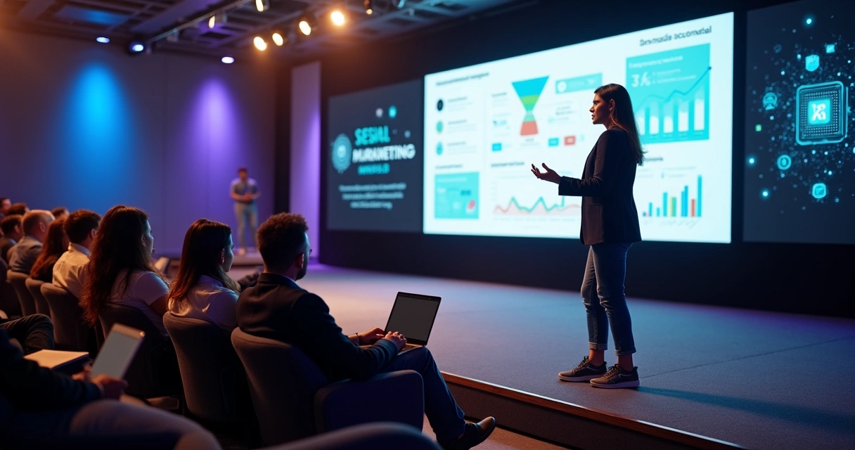Profissional de marketing apresentando estratégia de redes sociais em palco iluminado 