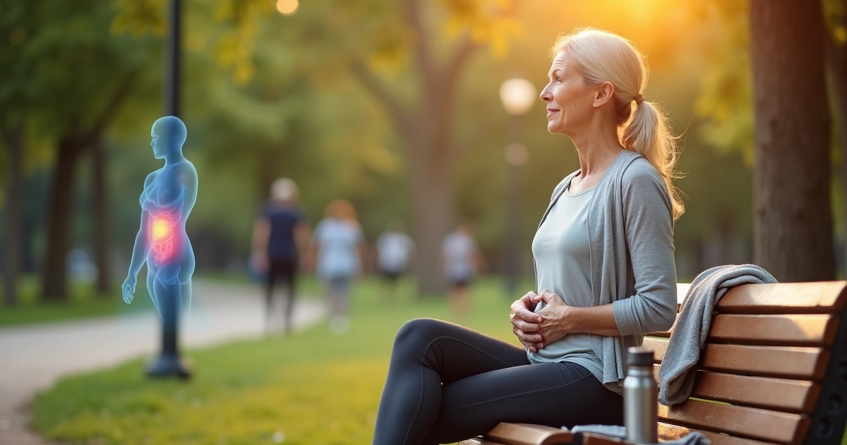 Mulher na maturidade fazendo exercício pélvico discreto em parque tranquilo 