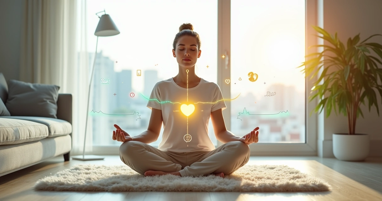 Mulher sentada em posição de meditação com ilustrações de emoções equilibradas ao redor 