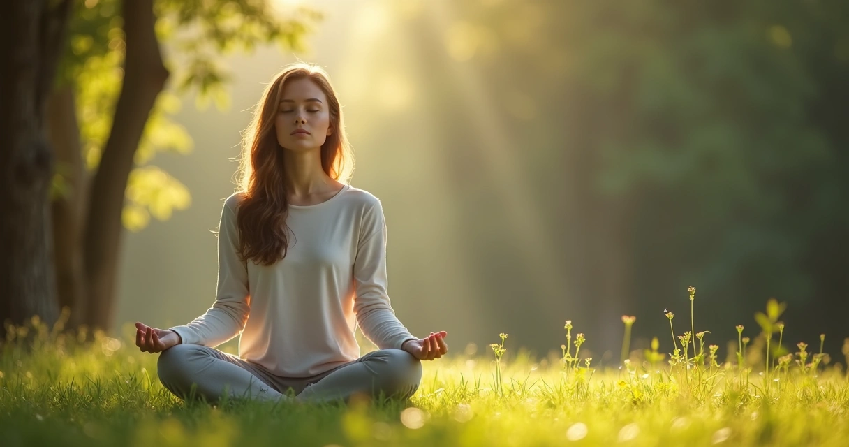 Mulher sentada de pernas cruzadas meditando em ambiente natural 