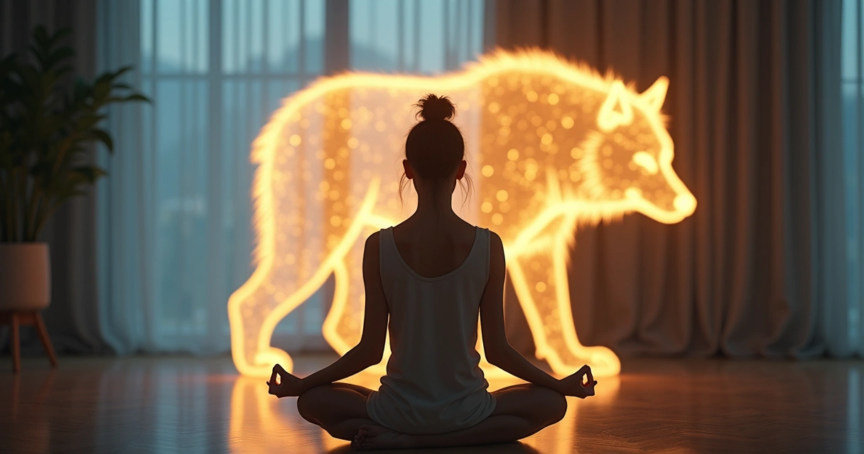 Mulher sentada meditando, energia animal imagem ao fundo