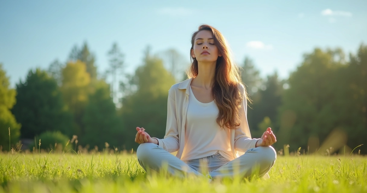 Mulher sentada em posição de meditação ao ar livre, área verde ao fundo 