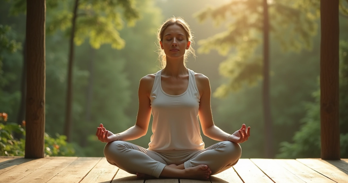 Mulher sentada em posição de lótus meditando sob árvores ao ar livre 