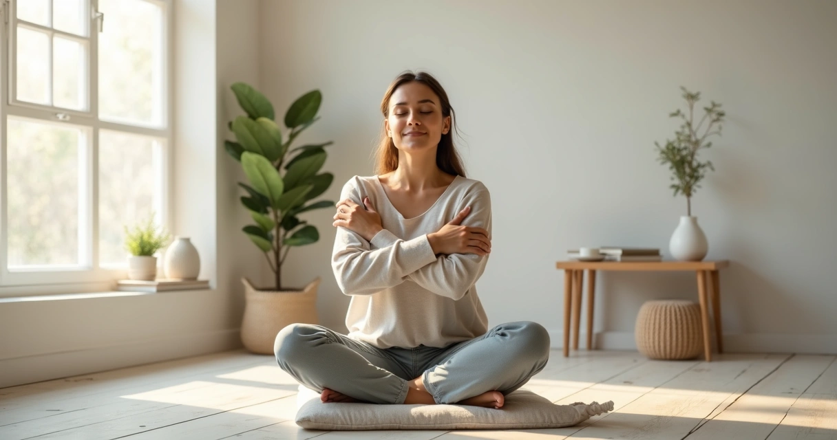 Mulher sentada em posição de meditação abraçando o próprio corpo em gesto de autocompaixão 