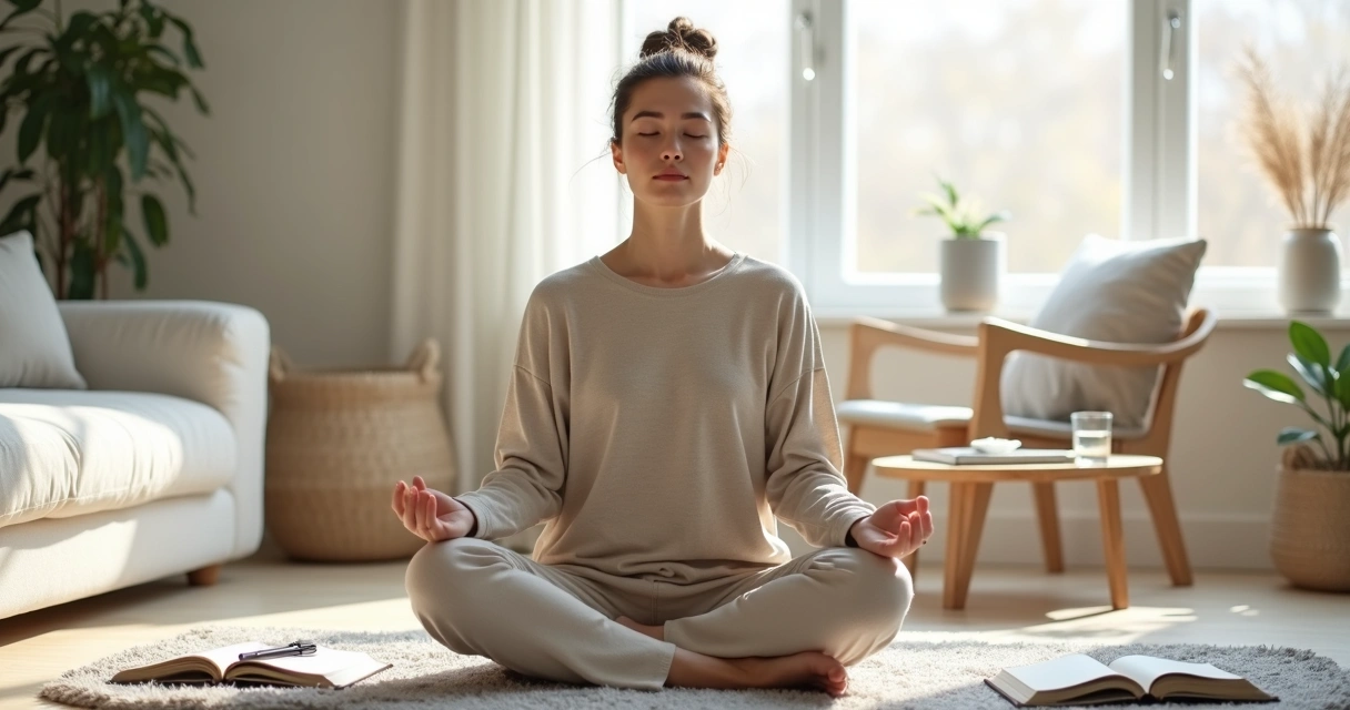 Mulher sentada em casa meditando com expressão de foco sereno 
