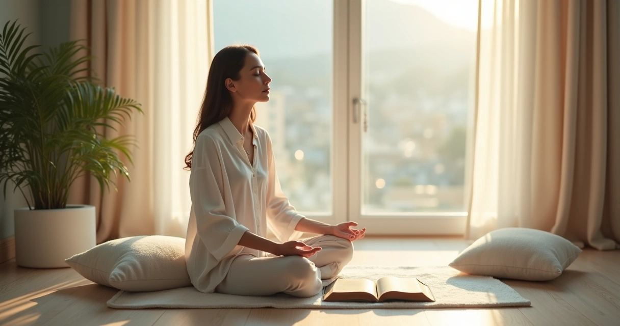 Mulher sentada com Bíblia aberta, olhos fechados, meditando em silêncio
