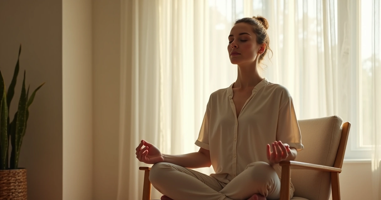 Mulher sentada calmamente em uma cadeira, praticando meditação com olhos fechados, ambiente suave ao fundo 