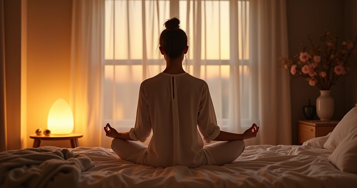 Mulher sentada na cama ao anoitecer, olhos fechados, relaxamento e paz 