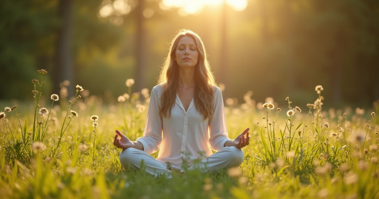 Mulher sentada em posição de meditação em um campo verde, com olhos fechados.