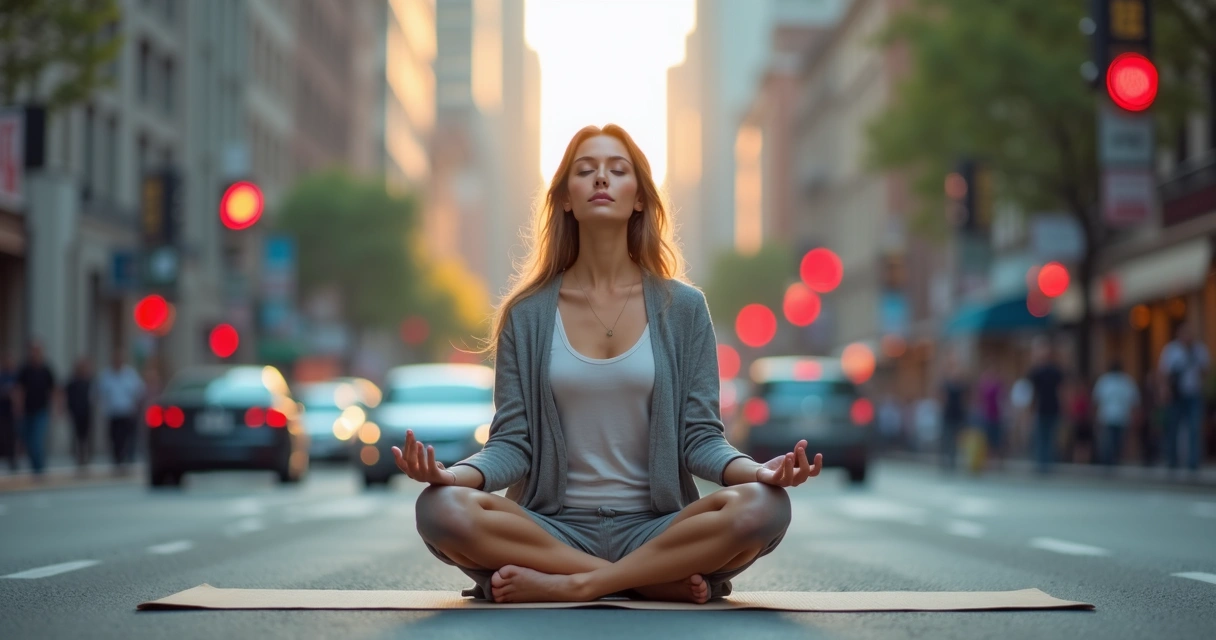 Mulher sentada em posição de meditação em um ambiente urbano barulhento, cercada de ruídos modernos e trânsito ao fundo. 