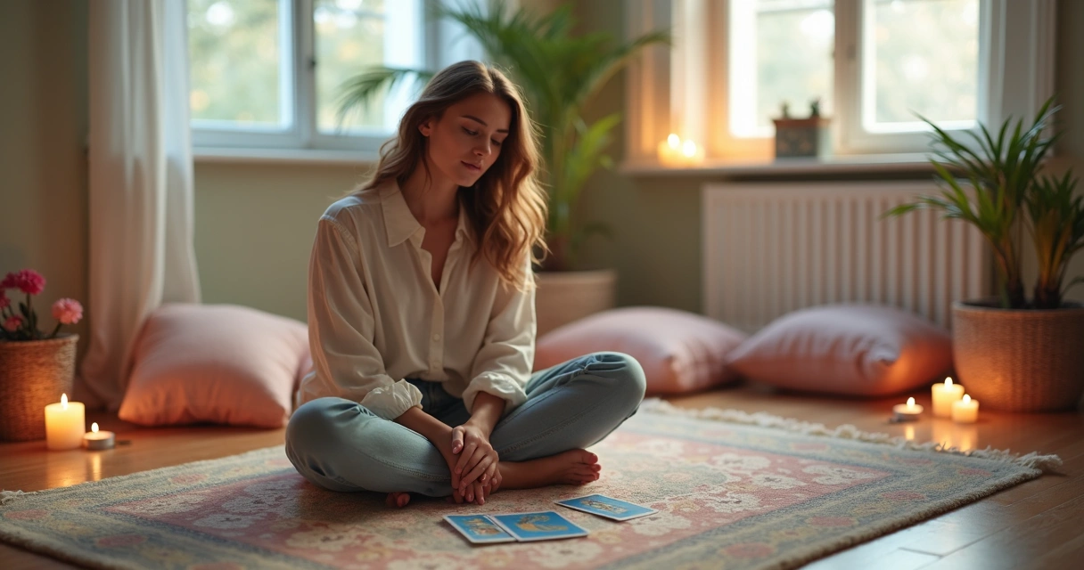 Mulher sentada no chão meditando ao lado de cartas de tarot 