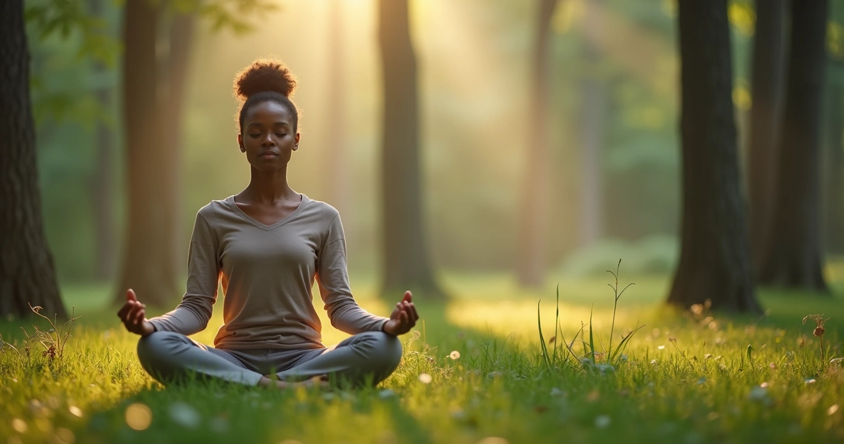 Mulher sentada de pernas cruzadas meditando próxima de árvores em ambiente natural