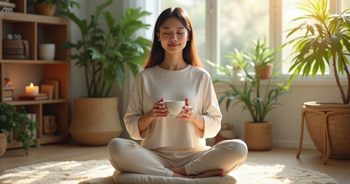 Mulher asiática sentada em posição de meditação, segurando uma xícara de chá, olhos fechados, ambiente aconchegante com luz suave e plantas ao fundo 