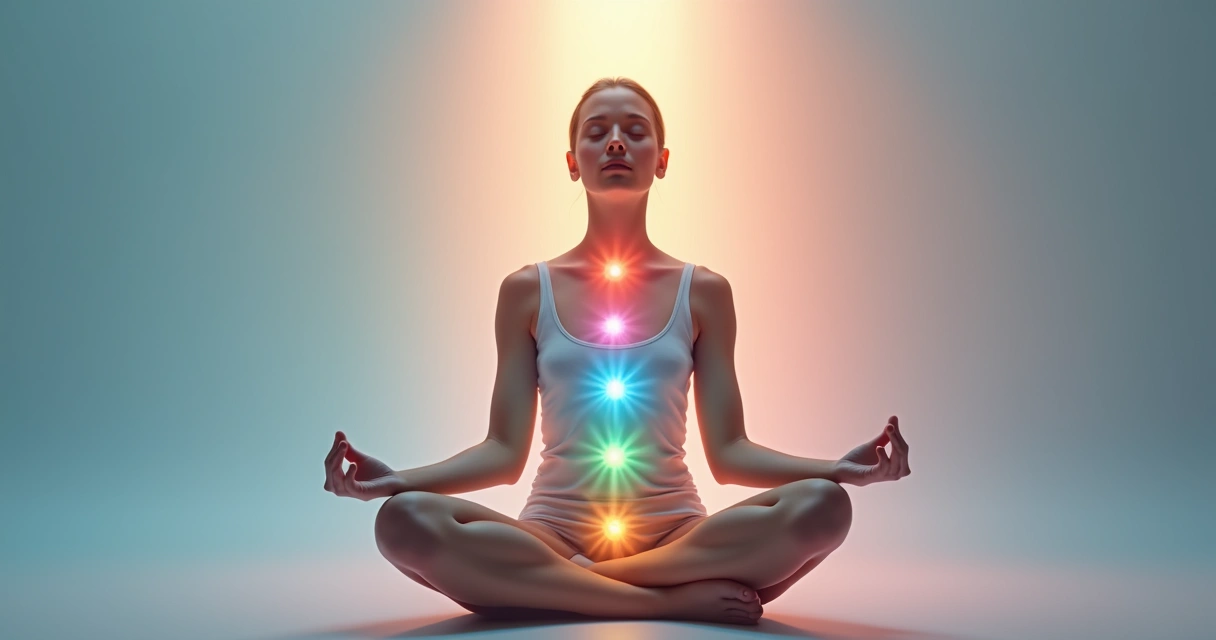 Mulher sentada meditando com pontos luminosos nos chakras 