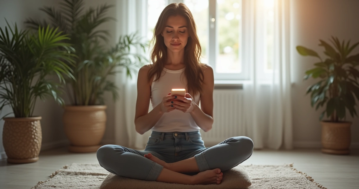 Mulher sentada lendo o celular em posição de meditação 