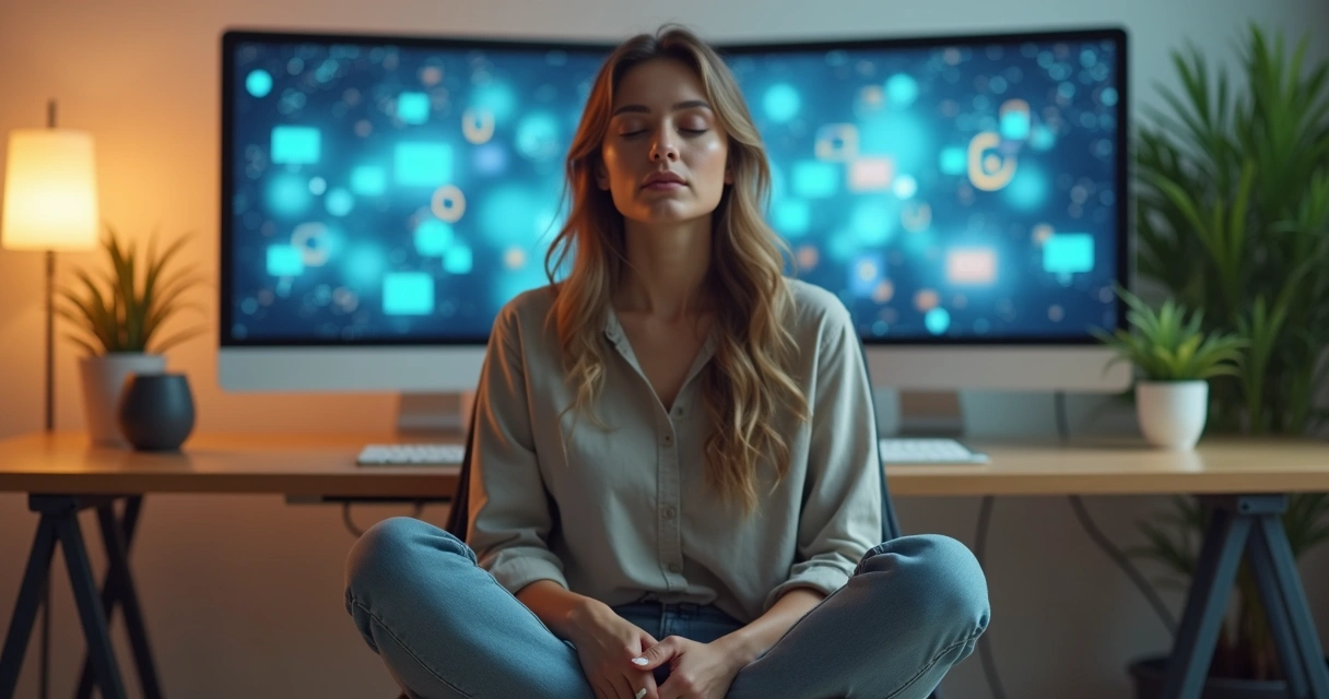 Mulher meditando em frente a um computador em um escritório iluminado 
