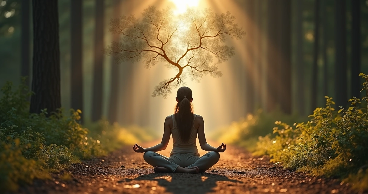 Mulher meditando em encruzilhada com caminhos na mente 