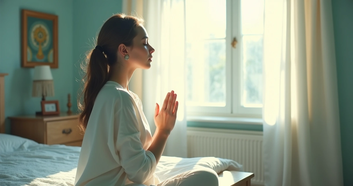 Mulher meditando próxima à janela, com luz suave entorno 