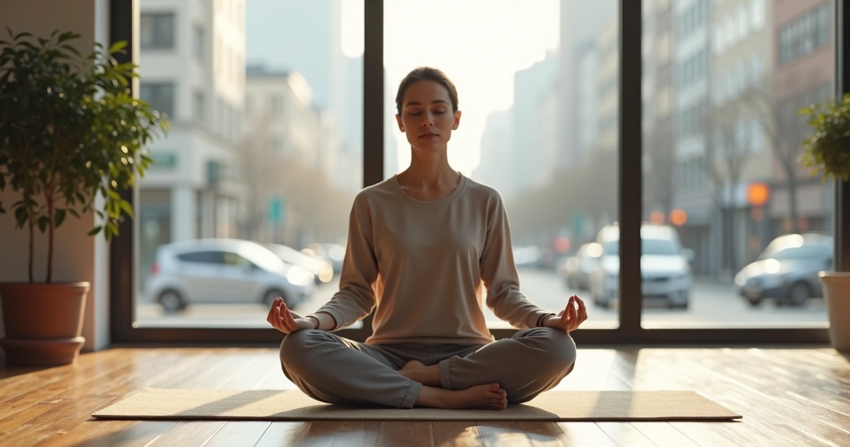 Pessoa meditando em postura de lótus em meio a cenário urbano desfocado 