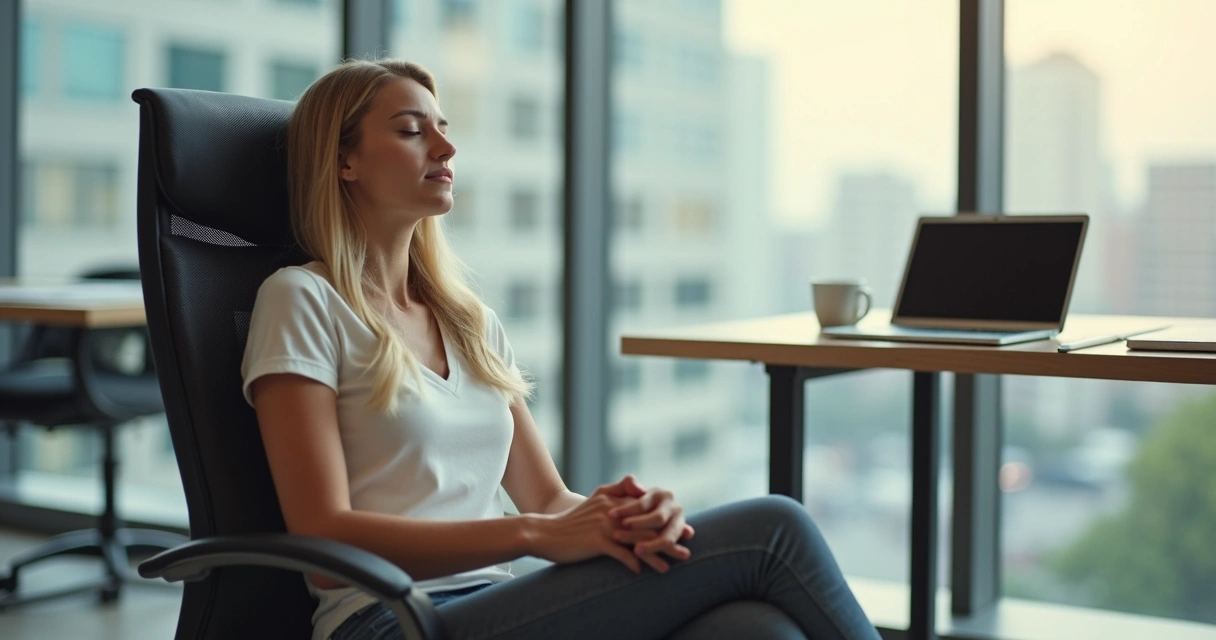 Mulher sentada em cadeira de escritório, olhos fechados, mãos sobre os joelhos, parecendo relaxada, com computador ao fundo.