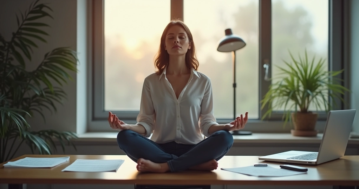 Mulher sentada meditanto na cadeira em escritório moderno, olhando serenamente para frente 
