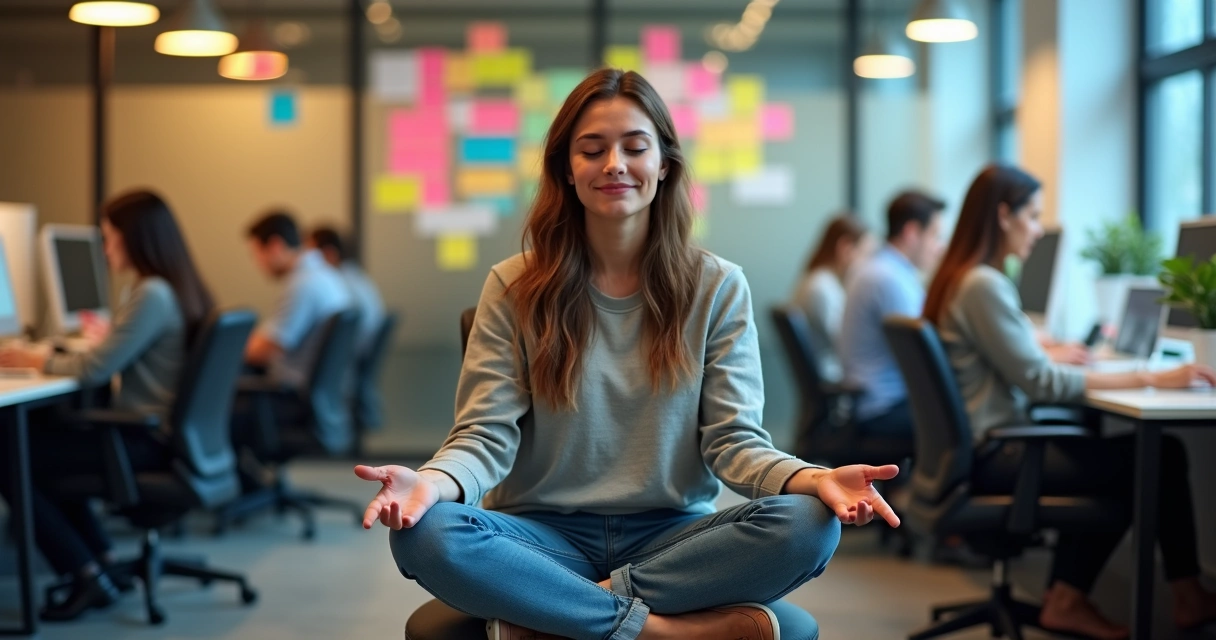 Mulher sentada em posição de meditação em escritório movimentado 