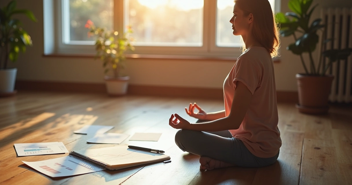 Mulher sentada em postura de meditação, ao lado de papéis e notebook com gráficos financeiros 