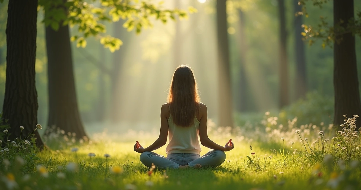 Mulher meditando em meio à natureza com luz suave 