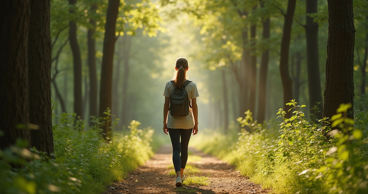 Mulher caminhando lentamente em uma floresta, praticando meditação ativa