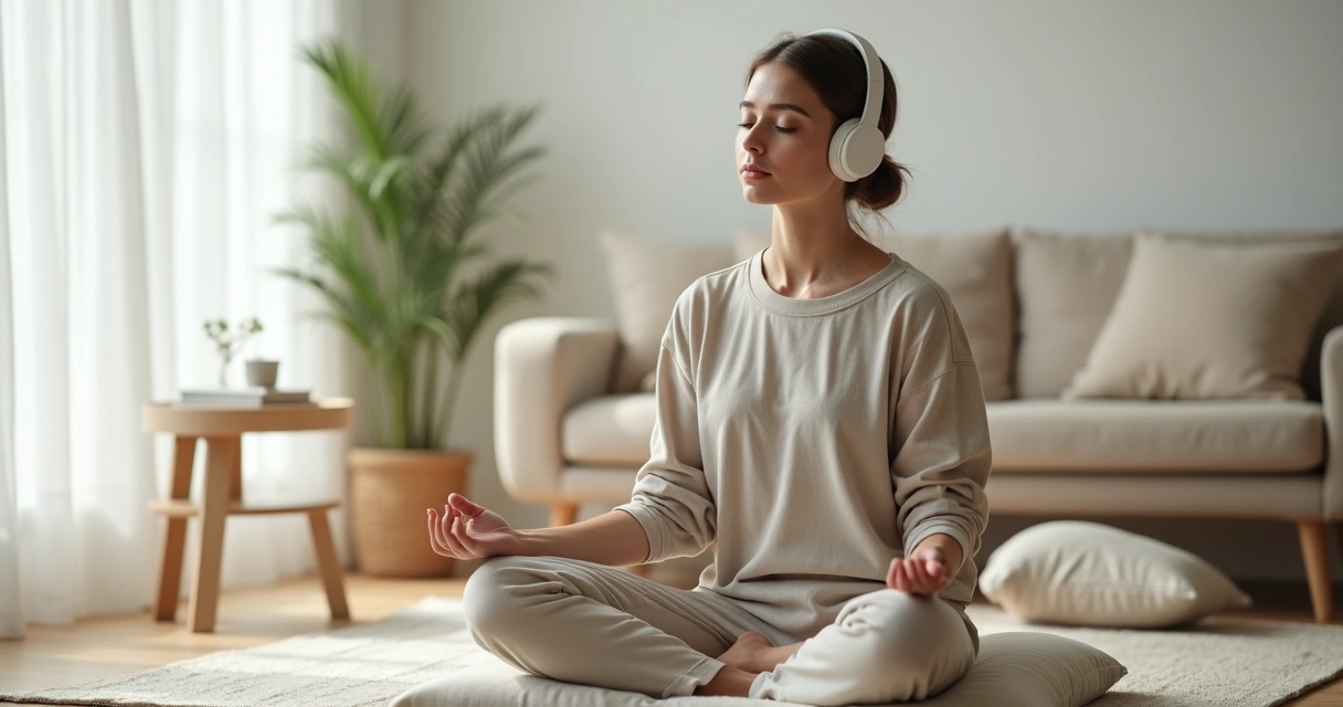 Mulher meditando com fones de ouvido em ambiente minimalista e calmo 